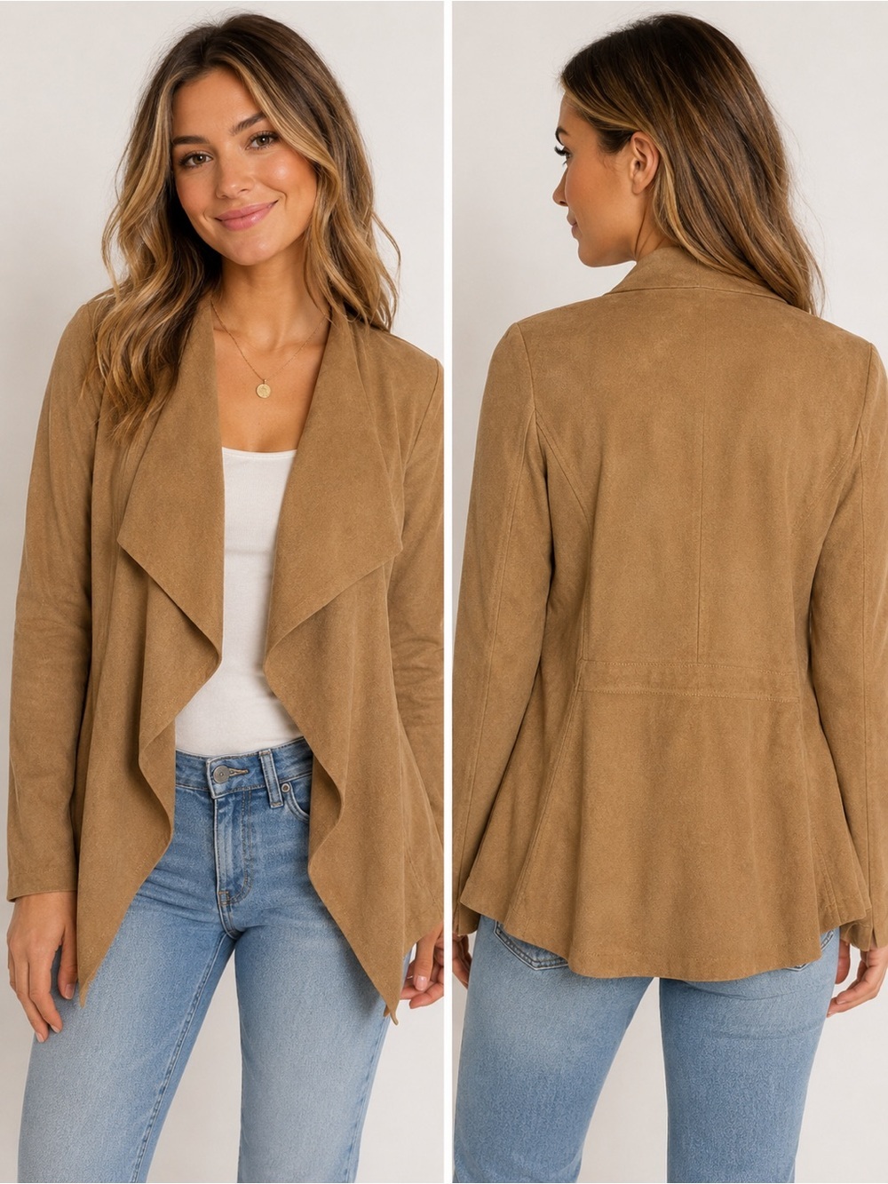 Faux Suede Waterfall Open Front Jacket Cardigan Tan Beige Women’s Size Sm